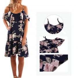 Women's Strappy Short Sleeve Floral Printed Dress Ruffles Off Shoulder Mini Dresses(S-XL) 