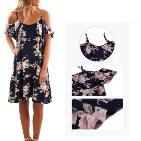 Women's Strappy Short Sleeve Floral Printed Dress Ruffles Off Shoulder Mini Dresses(S-XL)
