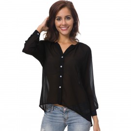 Women's Chiffon Long Sleeve V Neck Shirt Casual Solid Button-Down Blouse Top(S-5XL) 