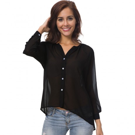 Women's Chiffon Long Sleeve V Neck Shirt Casual Solid Button-Down Blouse Top(S-5XL)