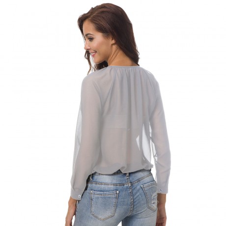 Women's Chiffon Long Sleeve V Neck Shirt Casual Solid Button-Down Blouse Top(S-5XL)