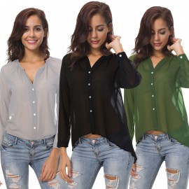 Women's Chiffon Long Sleeve V Neck Shirt Casual Solid Button-Down Blouse Top(S-5XL)