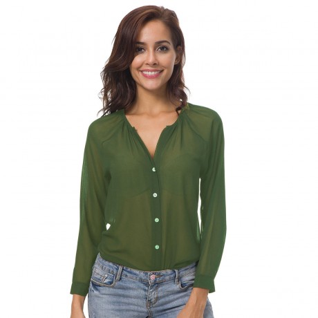 Women's Chiffon Long Sleeve V Neck Shirt Casual Solid Button-Down Blouse Top(S-5XL)