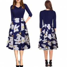 Women's Three Quarter Sleeve Floral V-Neck Dress Pocket High Waist Swing Midi Dress(S-XXL) 