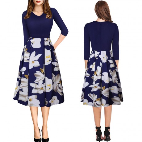 Women's Three Quarter Sleeve Floral V-Neck Dress Pocket High Waist Swing Midi Dress(S-XXL)