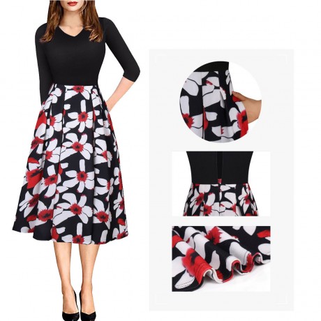 Women's Three Quarter Sleeve Floral V-Neck Dress Pocket High Waist Swing Midi Dress(S-XXL)