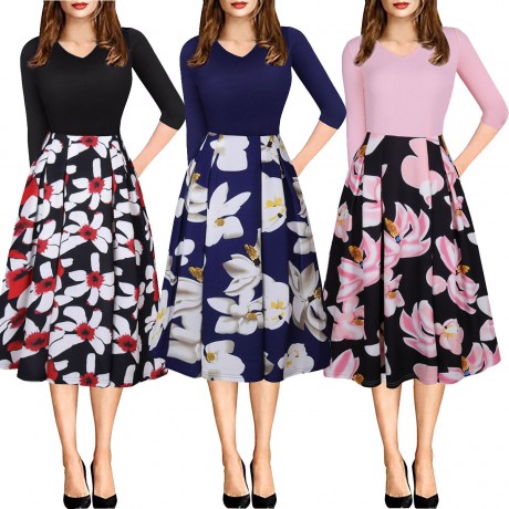 Women's Three Quarter Sleeve Floral V-Neck Dress Pocket High Waist Swing Midi Dress(S-XXL)