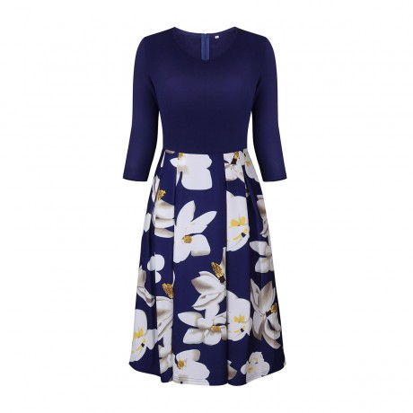Women's Three Quarter Sleeve Floral V-Neck Dress Pocket High Waist Swing Midi Dress(S-XXL)
