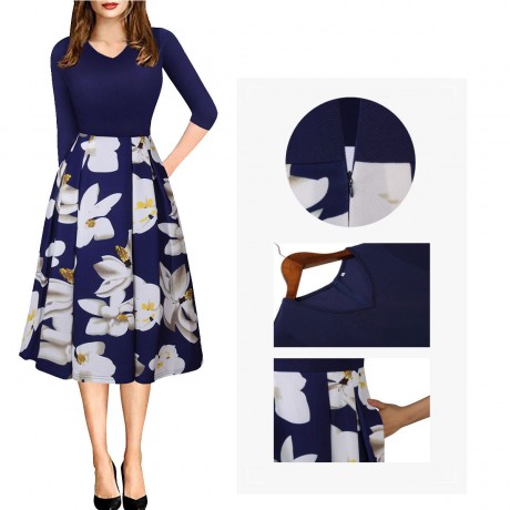Women's Three Quarter Sleeve Floral V-Neck Dress Pocket High Waist Swing Midi Dress(S-XXL)