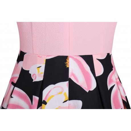 Women's Three Quarter Sleeve Floral V-Neck Dress Pocket High Waist Swing Midi Dress(S-XXL)