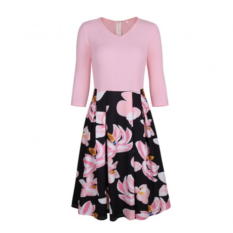 Women's Three Quarter Sleeve Floral V-Neck Dress Pocket High Waist Swing Midi Dress(S-XXL)