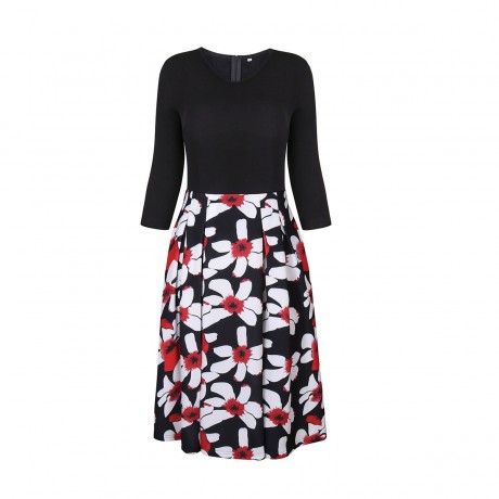 Women's Three Quarter Sleeve Floral V-Neck Dress Pocket High Waist Swing Midi Dress(S-XXL)