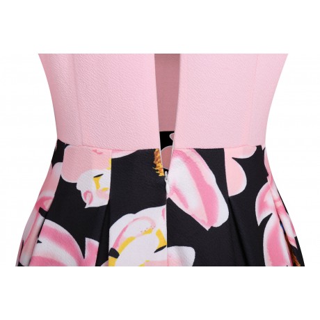 Women's Three Quarter Sleeve Floral V-Neck Dress Pocket High Waist Swing Midi Dress(S-XXL)