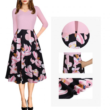 Women's Three Quarter Sleeve Floral V-Neck Dress Pocket High Waist Swing Midi Dress(S-XXL)