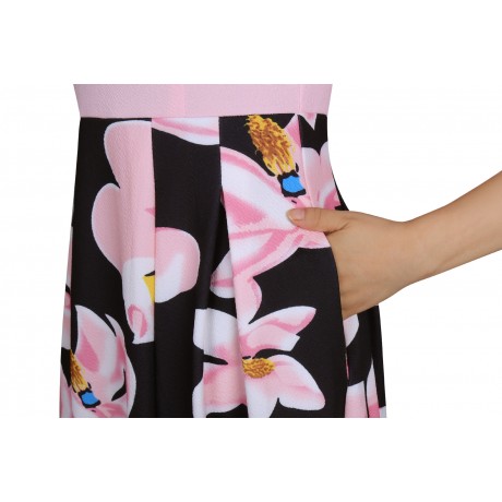 Women's Three Quarter Sleeve Floral V-Neck Dress Pocket High Waist Swing Midi Dress(S-XXL)