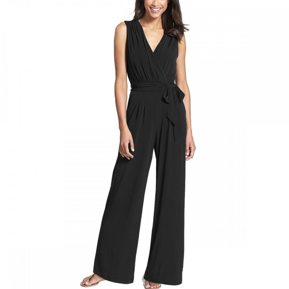 Women's V-Neck Sleeveless Jumpsuits Self-Tie Belt Zip Closure Wide Leg Jumpsuits(S-XL)