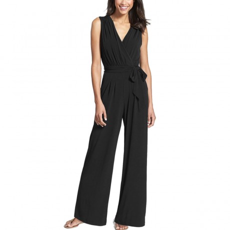 Women's V-Neck Sleeveless Jumpsuits Self-Tie Belt Zip Closure Wide Leg Jumpsuits(S-XL)