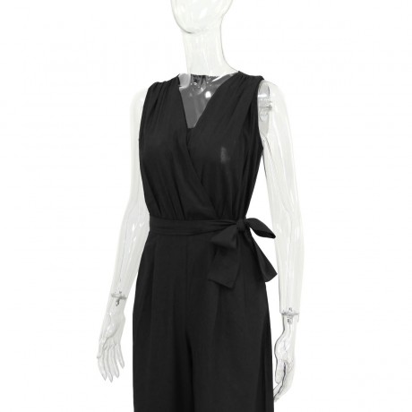 Women's V-Neck Sleeveless Jumpsuits Self-Tie Belt Zip Closure Wide Leg Jumpsuits(S-XL)