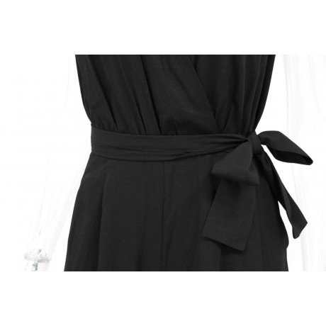 Women's V-Neck Sleeveless Jumpsuits Self-Tie Belt Zip Closure Wide Leg Jumpsuits(S-XL)