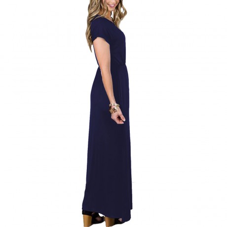Women's Short Sleeve V-Neck Dress Loose Pocket Solid Maxi Long Dress(S-XL)