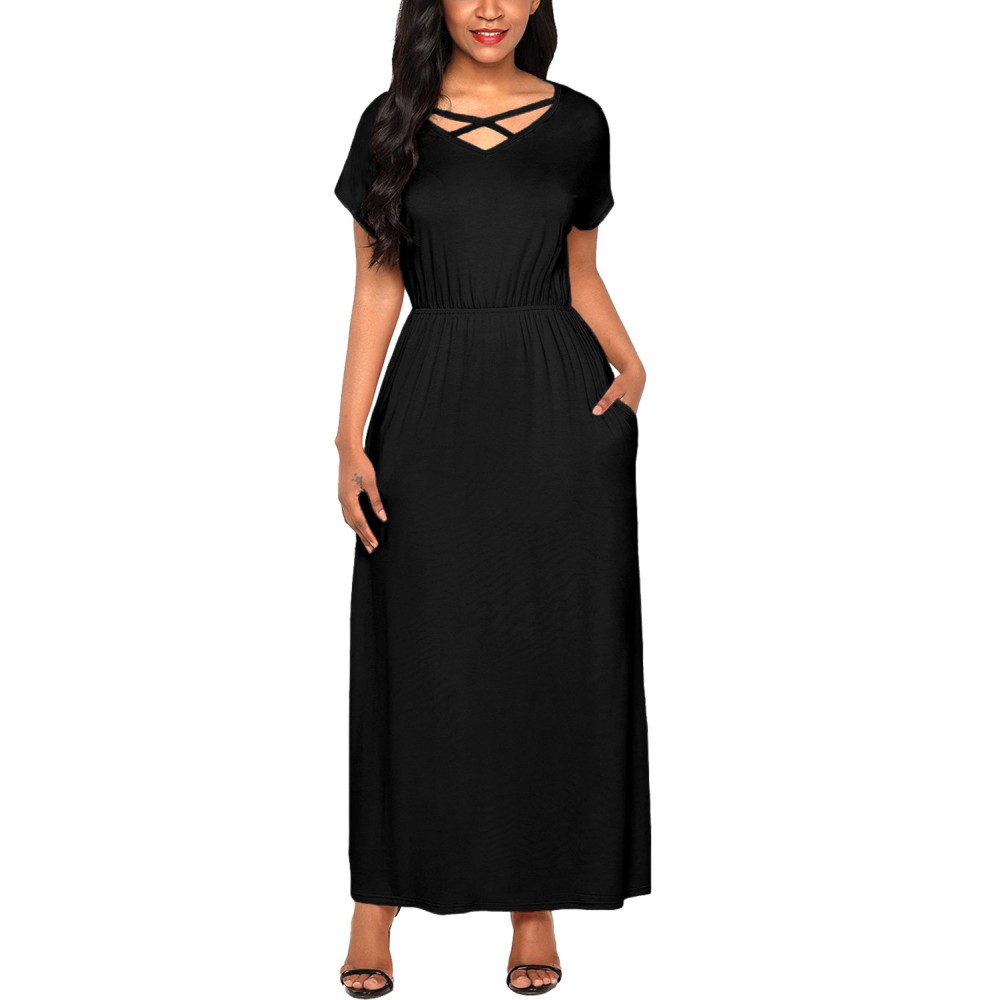 Women's Short Sleeve V-Neck Dress Loose Pocket Solid Maxi Long Dress(S-XL)