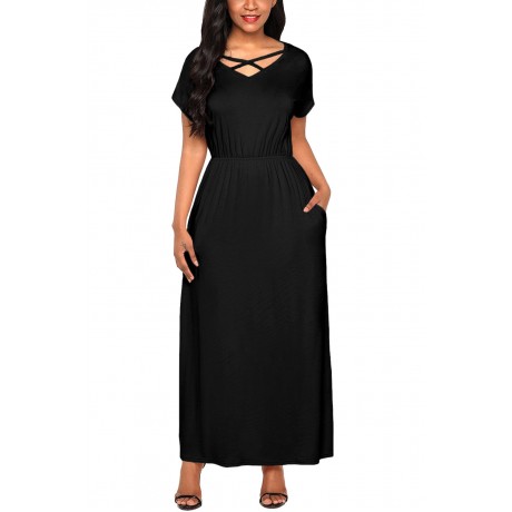 Women's Short Sleeve V-Neck Dress Loose Pocket Solid Maxi Long Dress(S-XL)