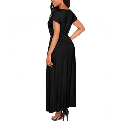 Women's Short Sleeve V-Neck Dress Loose Pocket Solid Maxi Long Dress(S-XL)