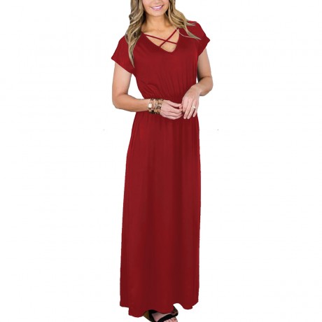 Women's Short Sleeve V-Neck Dress Loose Pocket Solid Maxi Long Dress(S-XL)