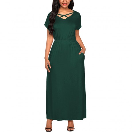 Women's Short Sleeve V-Neck Dress Loose Pocket Solid Maxi Long Dress(S-XL)