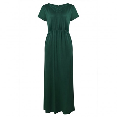 Women's Short Sleeve V-Neck Dress Loose Pocket Solid Maxi Long Dress(S-XL)