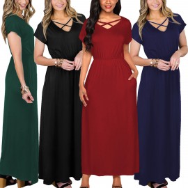 Women's Short Sleeve V-Neck Dress Loose Pocket Solid Maxi Long Dress(S-XL) 