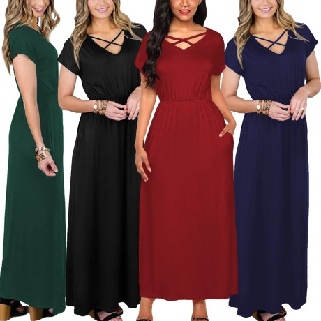 Women's Short Sleeve V-Neck Dress Loose Pocket Solid Maxi Long Dress(S-XL)