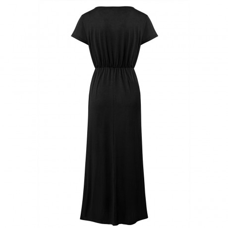 Women's Short Sleeve V-Neck Dress Loose Pocket Solid Maxi Long Dress(S-XL)