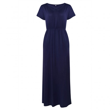 Women's Short Sleeve V-Neck Dress Loose Pocket Solid Maxi Long Dress(S-XL)