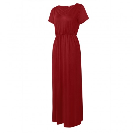 Women's Short Sleeve V-Neck Dress Loose Pocket Solid Maxi Long Dress(S-XL)