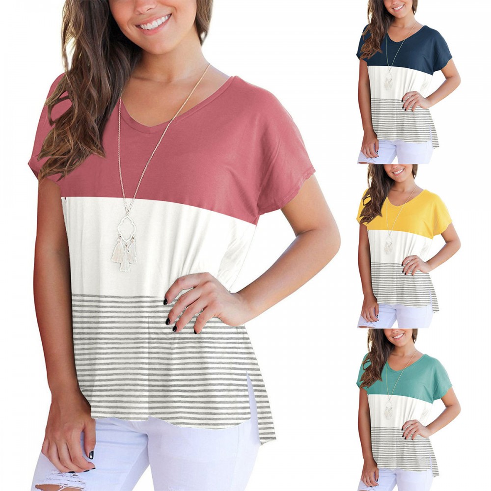 Women's Short Sleeve V Neck T-shirt Stitching Stripe Slit Tops(S-XXL)