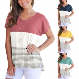 Women's Short Sleeve V Neck T-shirt Stitching Stripe Slit Tops(S-XXL)
