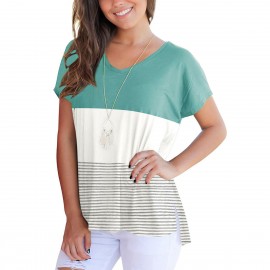 Women's Short Sleeve V Neck T-shirt Stitching Stripe Slit Tops(S-XXL) 