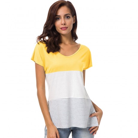 Women's Short Sleeve V Neck T-shirt Stitching Stripe Slit Tops(S-XXL)
