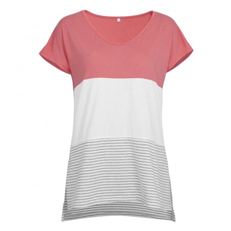 Women's Short Sleeve V Neck T-shirt Stitching Stripe Slit Tops(S-XXL)