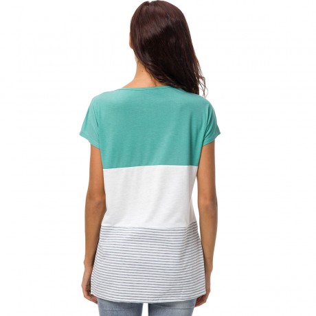 Women's Short Sleeve V Neck T-shirt Stitching Stripe Slit Tops(S-XXL)