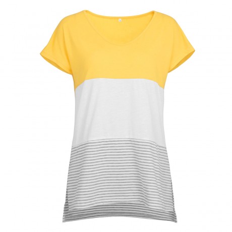 Women's Short Sleeve V Neck T-shirt Stitching Stripe Slit Tops(S-XXL)