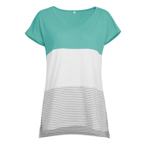 Women's Short Sleeve V Neck T-shirt Stitching Stripe Slit Tops(S-XXL)