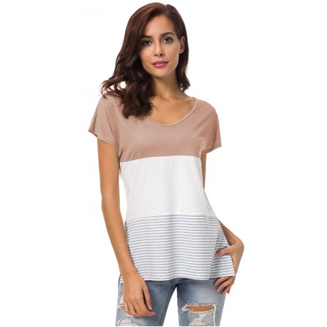 Women's Short Sleeve V Neck T-shirt Stitching Stripe Slit Tops(S-XXL)