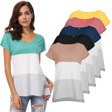 Women's Short Sleeve V Neck T-shirt Stitching Stripe Slit Tops(S-XXL)