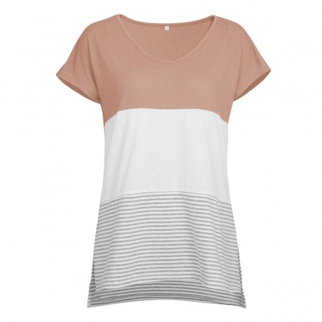 Women's Short Sleeve V Neck T-shirt Stitching Stripe Slit Tops(S-XXL)