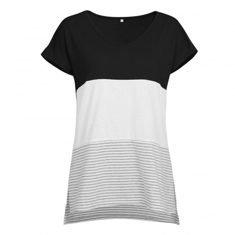 Women's Short Sleeve V Neck T-shirt Stitching Stripe Slit Tops(S-XXL)