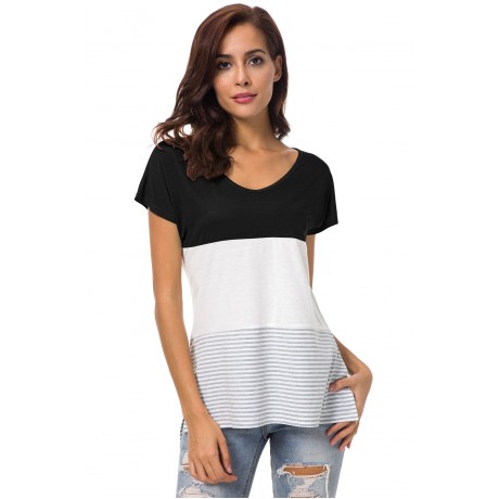 Women's Short Sleeve V Neck T-shirt Stitching Stripe Slit Tops(S-XXL)