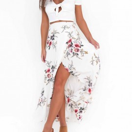 Women's Floral Printed Skirt Sexy Slit Front Swing Maxi Long Skirt(S-XL) 