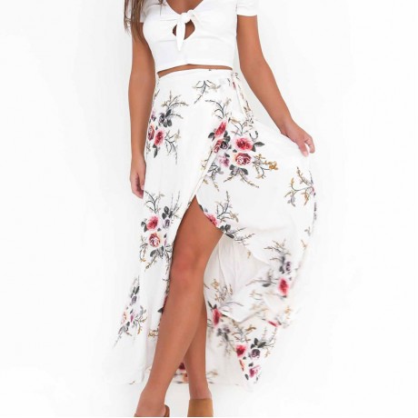 Women's Floral Printed Skirt Sexy Slit Front Swing Maxi Long Skirt(S-XL)